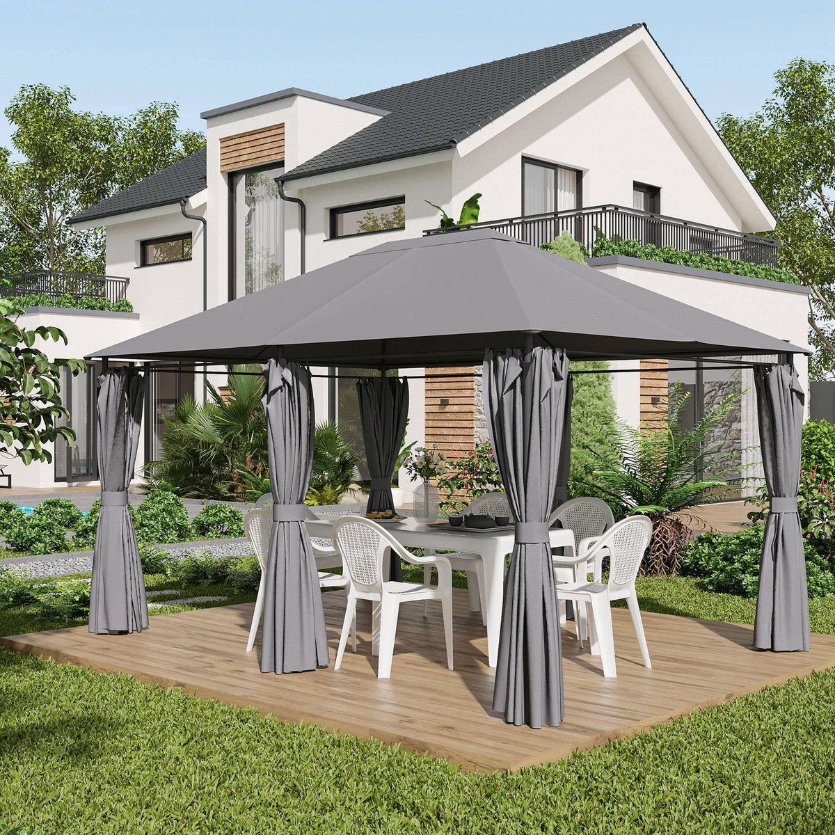 OUTSUNNY Tonnelle barnum pavillon de jardin style colonial double toit toiles latérales amovibles gris