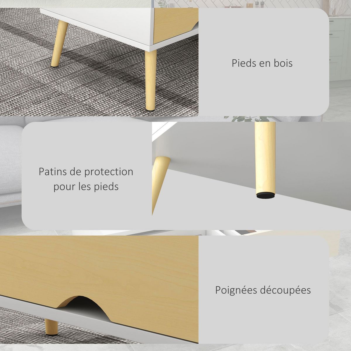 HOMCOM Table basse rectangulaire design scandinave 2 tiroirs coulissants grande niche piètement bois pin blanc aspect bois clair