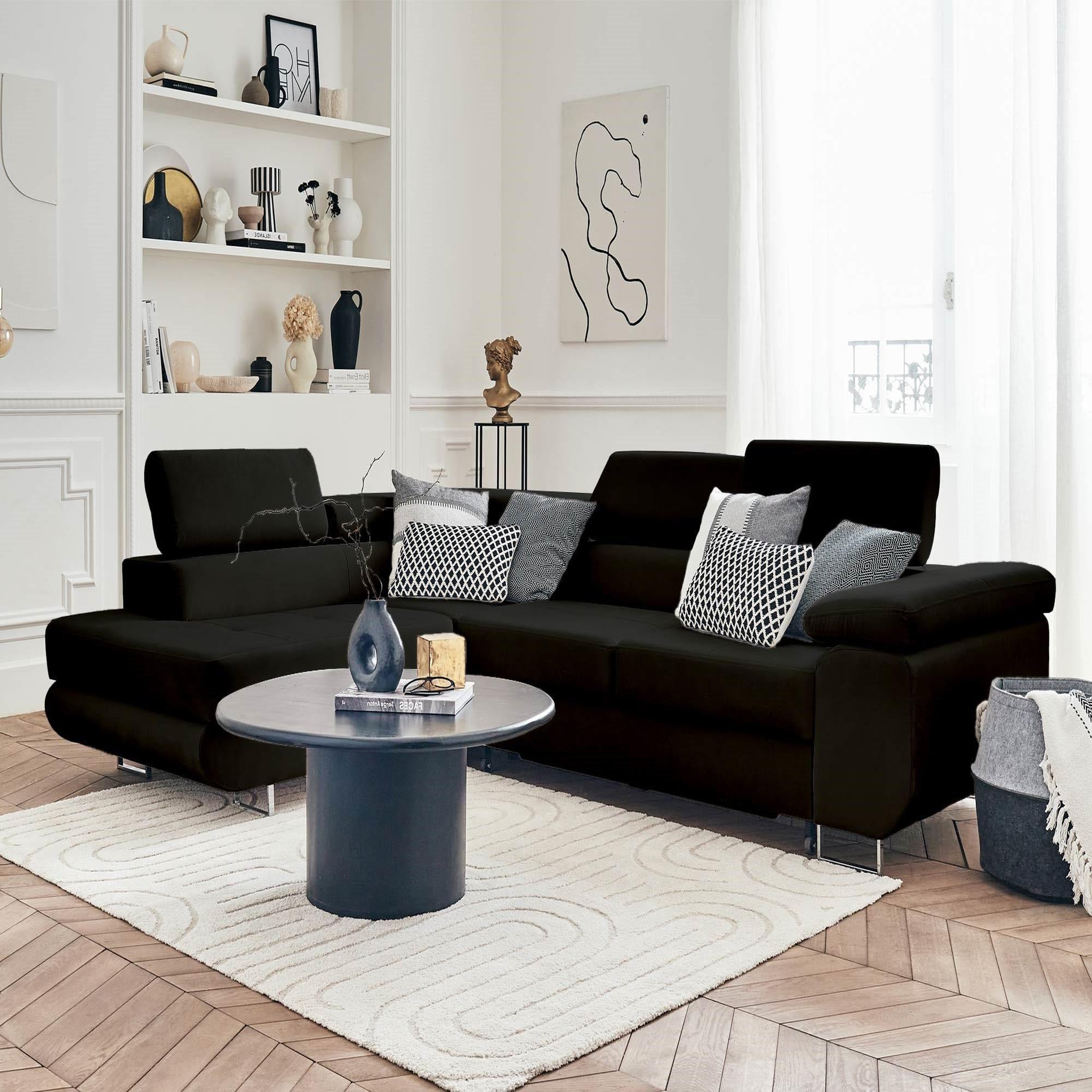 Voir la diapositive 5 : BEST MOBILIER Pablo - canapé d'angle gauche - 5 places - convertible avec coffre et têtières réglables - en velours