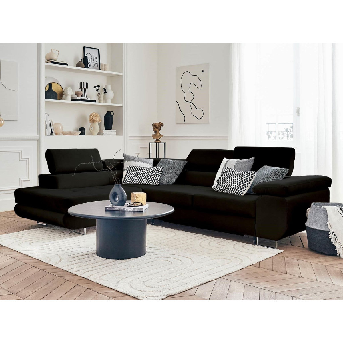 BEST MOBILIER Pablo - canapé d'angle gauche - 5 places - convertible avec coffre et têtières réglables - en velours