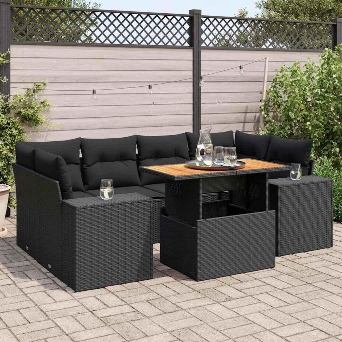 VIDAXL Salon de jardin 7 pcs avec coussins noir resine tressee