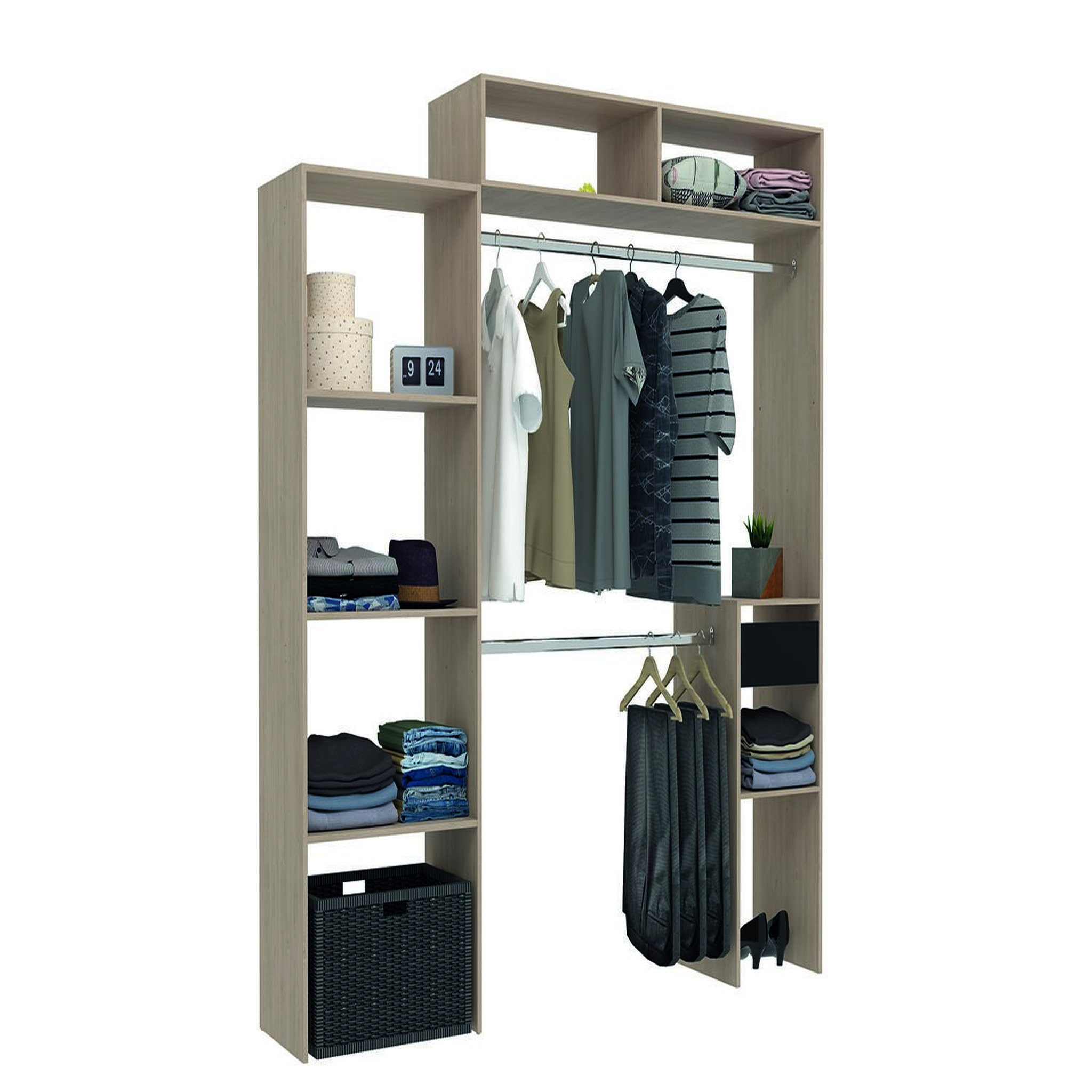 Voir la diapositive 2 : CONCEPT USINE Dressing bois extensible avec penderie étagères et tiroirs elysee