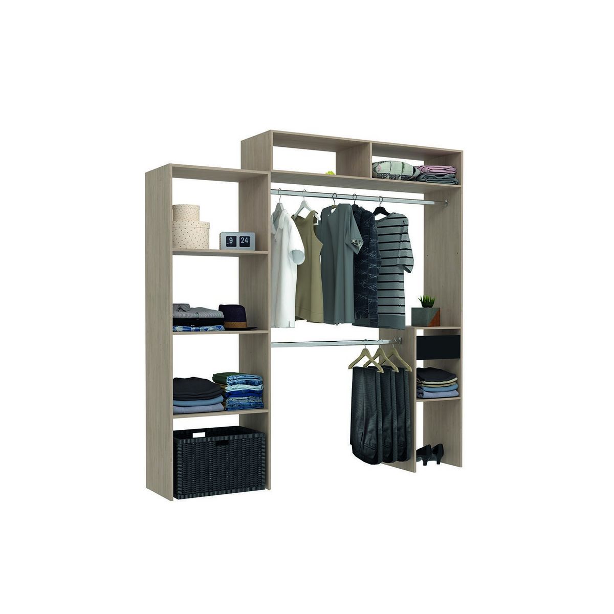 CONCEPT USINE Dressing bois extensible avec penderie, étagères et tiroirs ELYSEE