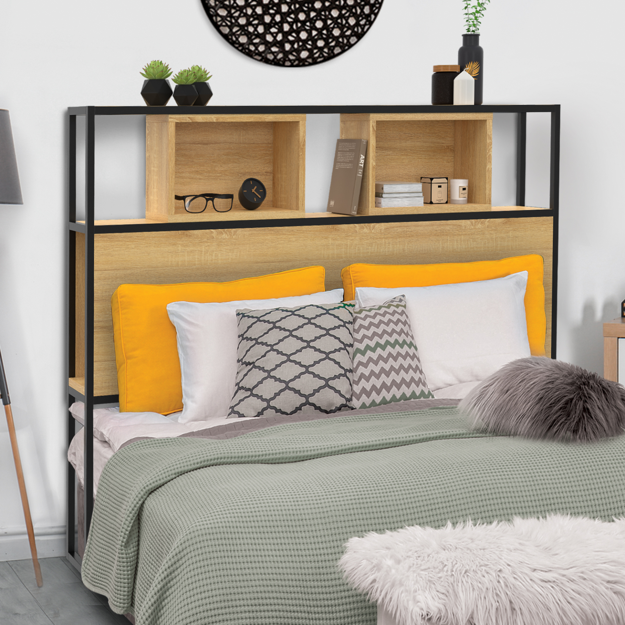 Voir la diapositive 2 : ID MARKET Tête de lit sur pied detroit 165 cm bois et métal noir design industriel