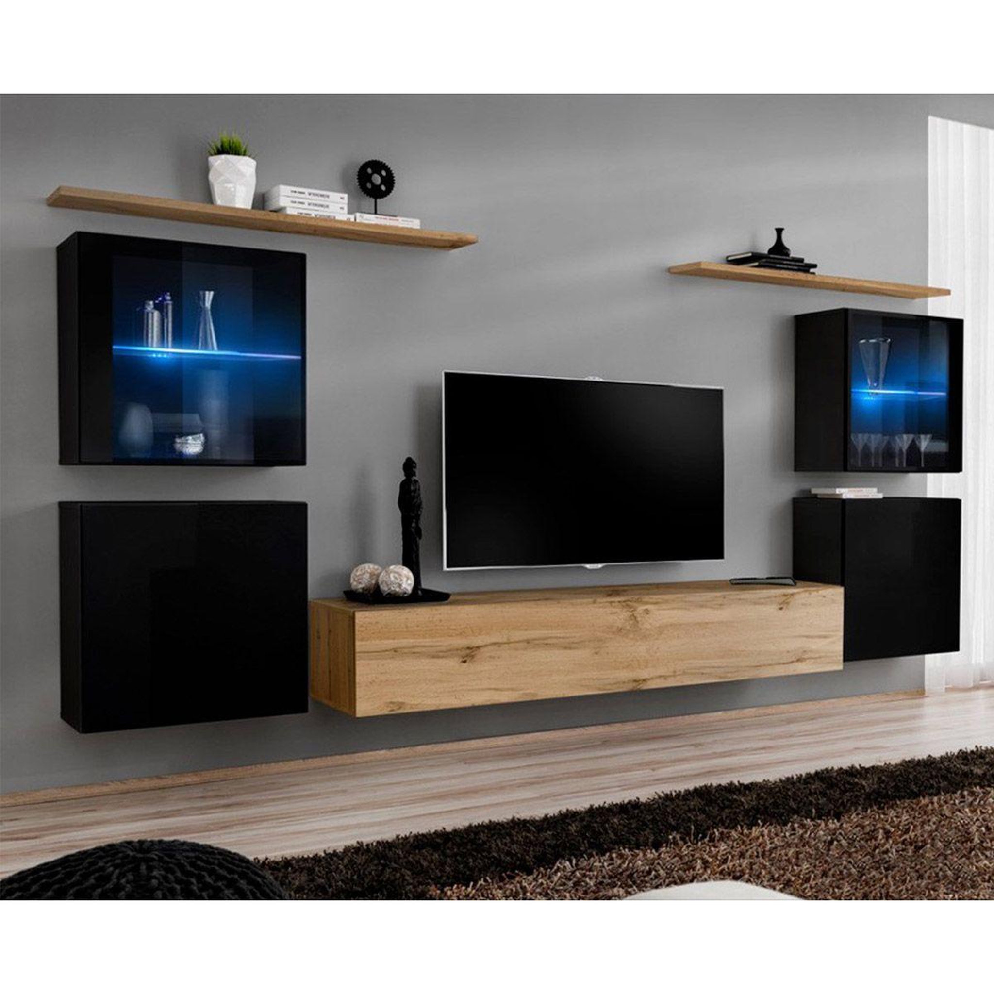 Paris Prix Meuble tv mural design  switch xiv  320cm noir & naturel