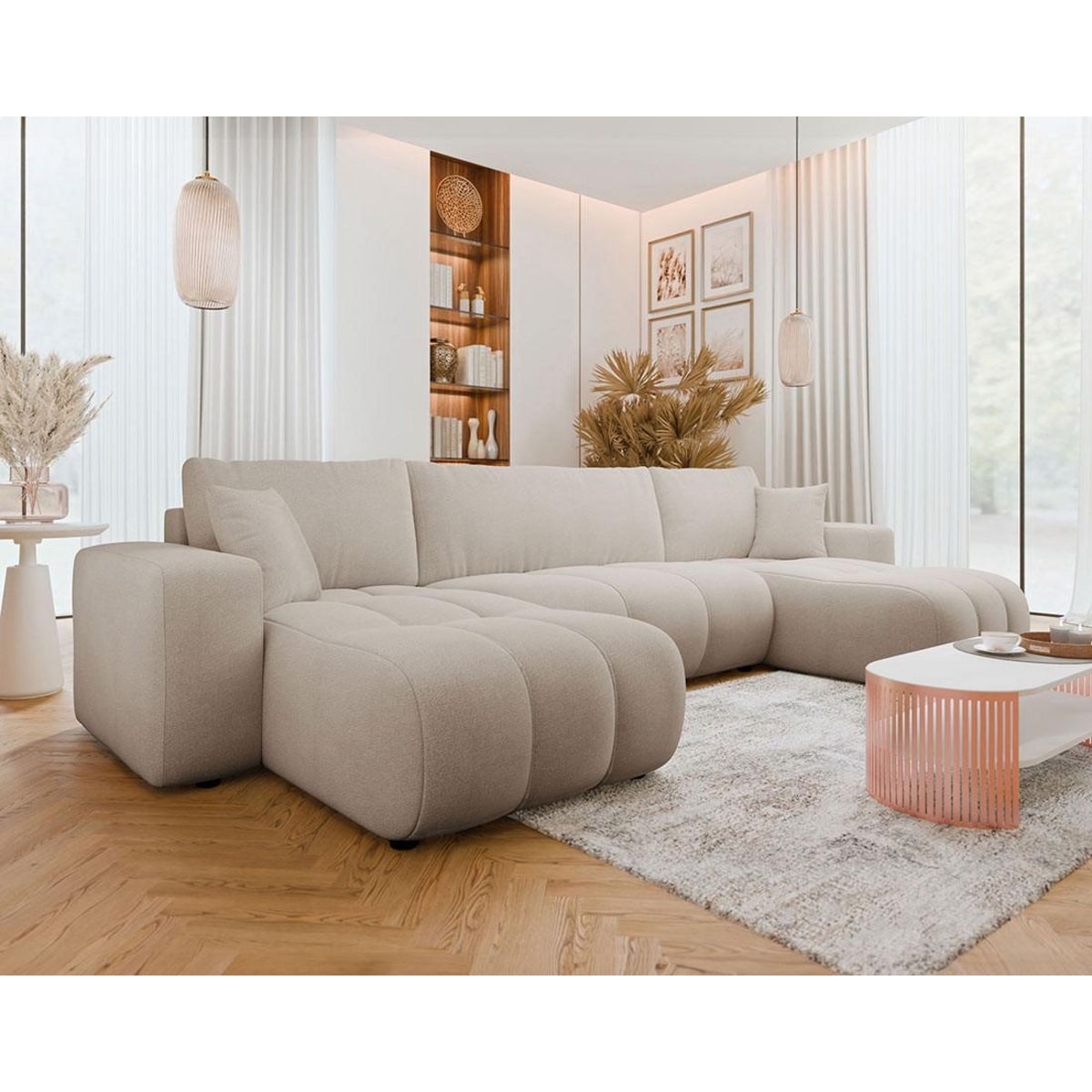 BEST MOBILIER Nicole - canapé panoramique en u 7 places convertible avec coffre en tissu