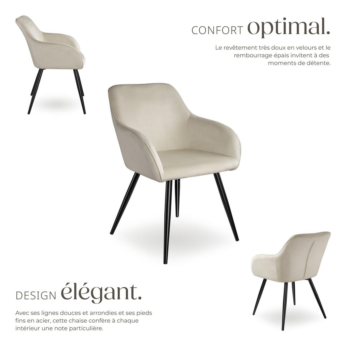 tectake Chaise style scandinave rembourrée aspect velours crème/noir Lot de 2