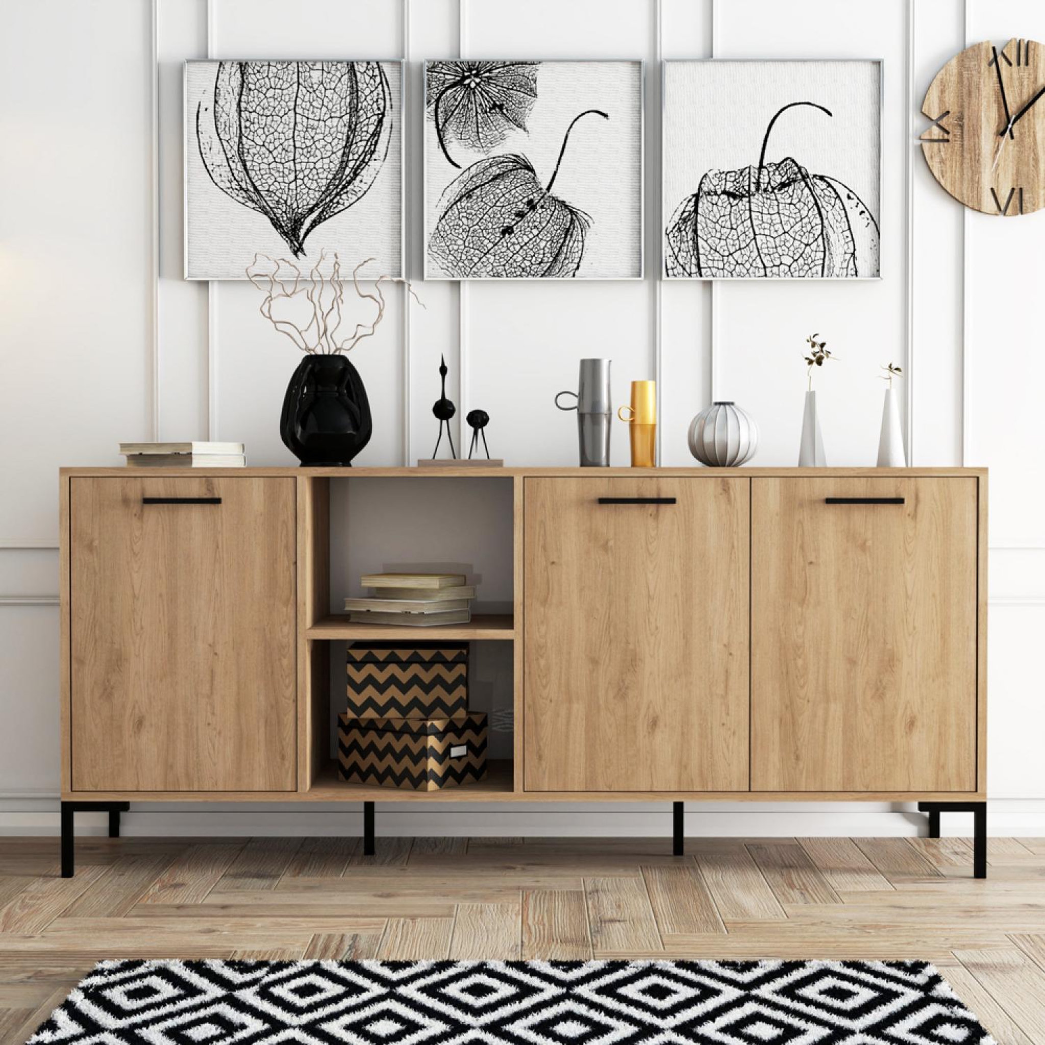 Voir la diapositive 2 : CONCEPT USINE Buffet 3 portes et 2 niches finition bois et métal noir 180x80cm aura