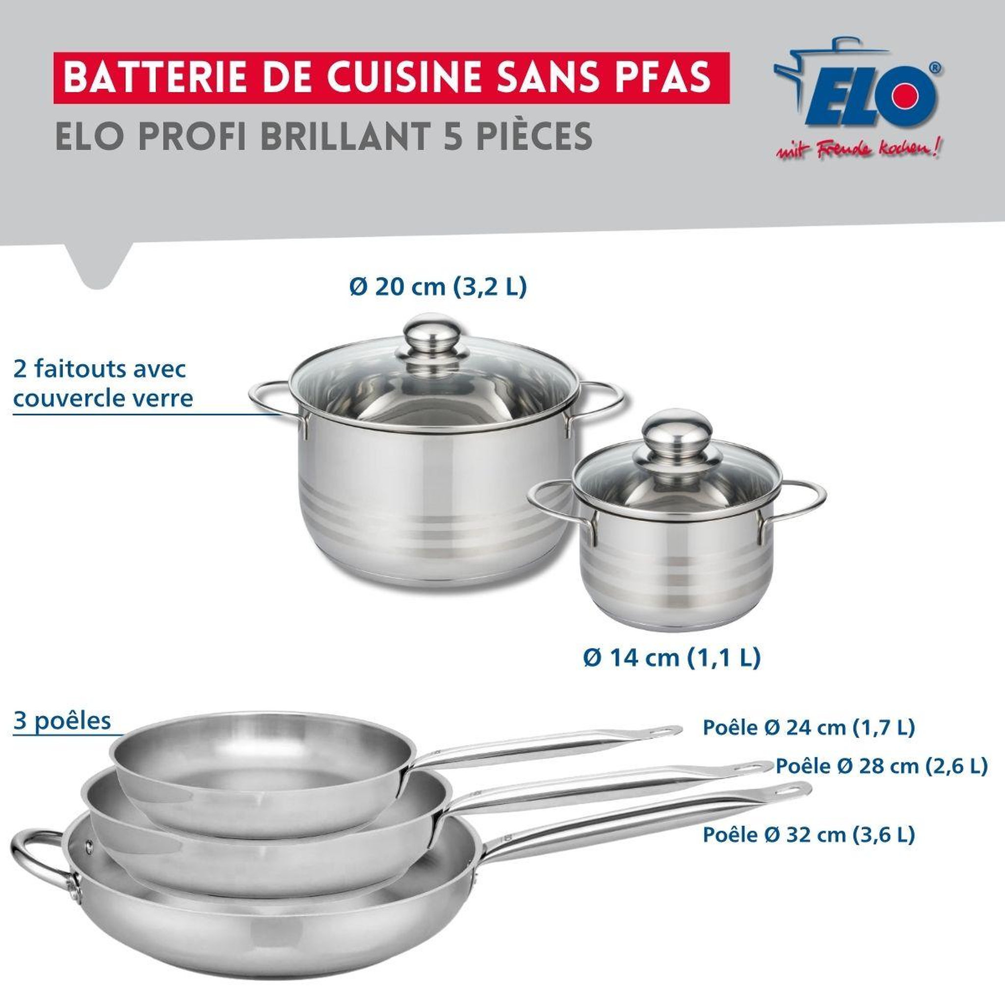 Voir la diapositive 2 : ELO Ensemble de 3 poêles de cuisson 24, 28 et 32 cm et 2 faitouts 14 et 20 cm elo profi brillant