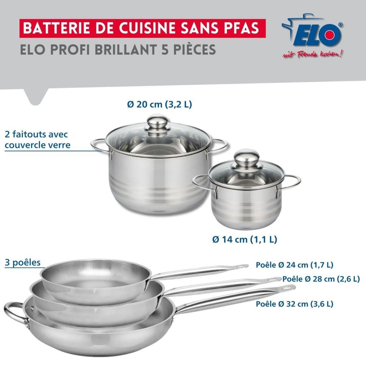 ELO Ensemble de 3 Poêles de cuisson 24, 28 et 32 cm et 2 faitouts 14 et 20 cm Elo Profi Brillant
