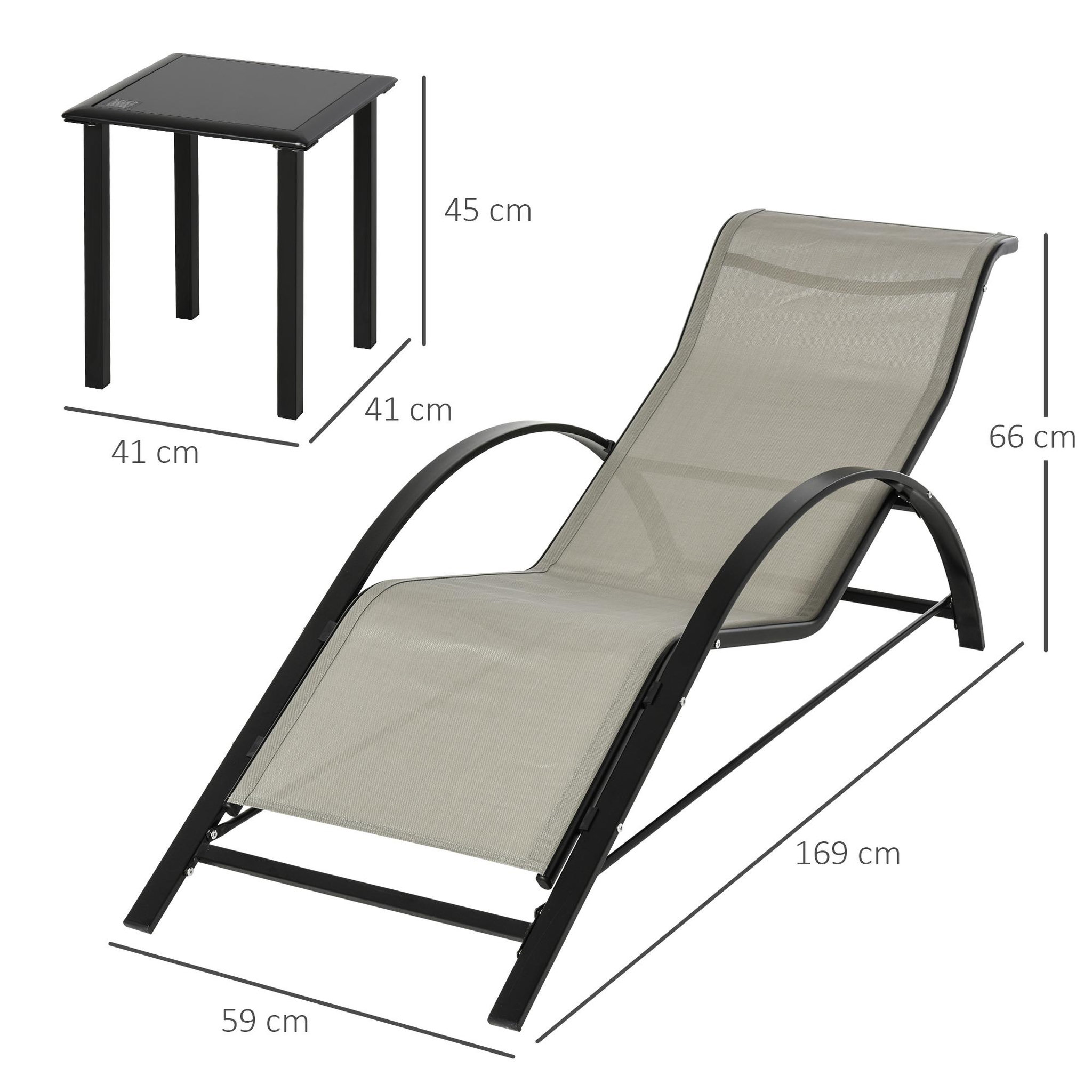 Voir la diapositive 3 : OUTSUNNY Lot de 2 bains de soleil design contemporain table basse plateau verre trempé métal époxy textilène grège