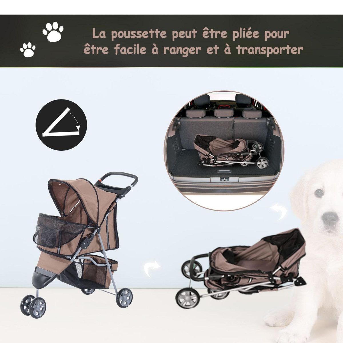PAWHUT Poussette buggy pour chien chat animaux roue avant pivotante 360 degrés marron