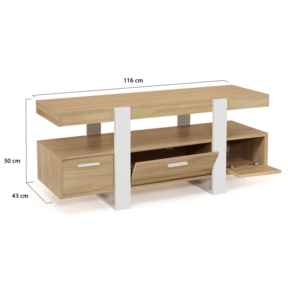 ID MARKET Meuble TV 116 cm PHOENIX avec tiroirs bois et blanc