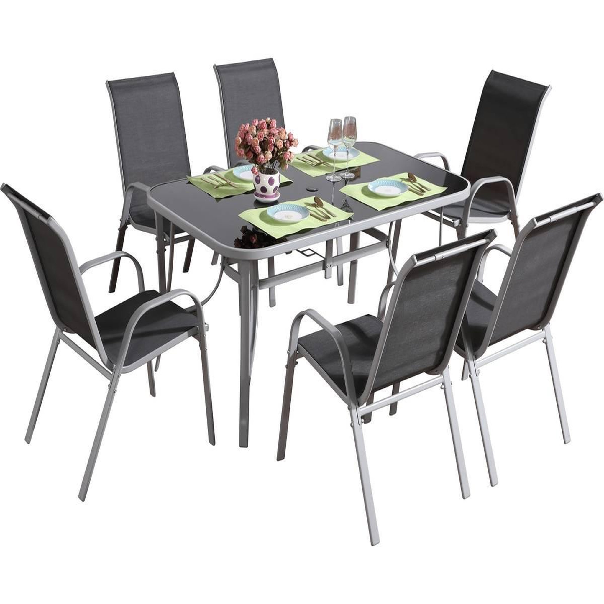Habitat et Jardin Table et chaises de jardin en textilène  cordoba  - phoenix - 6 places - gris foncé