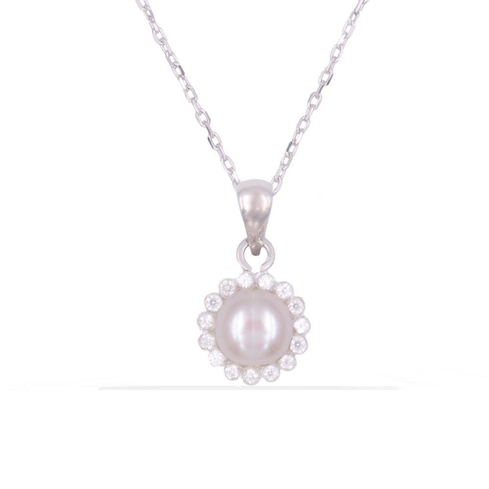 L'ATELIER D'AZUR Collier - Pendentif Or Blanc - Perle et Zirconiums - Chaine Argentée