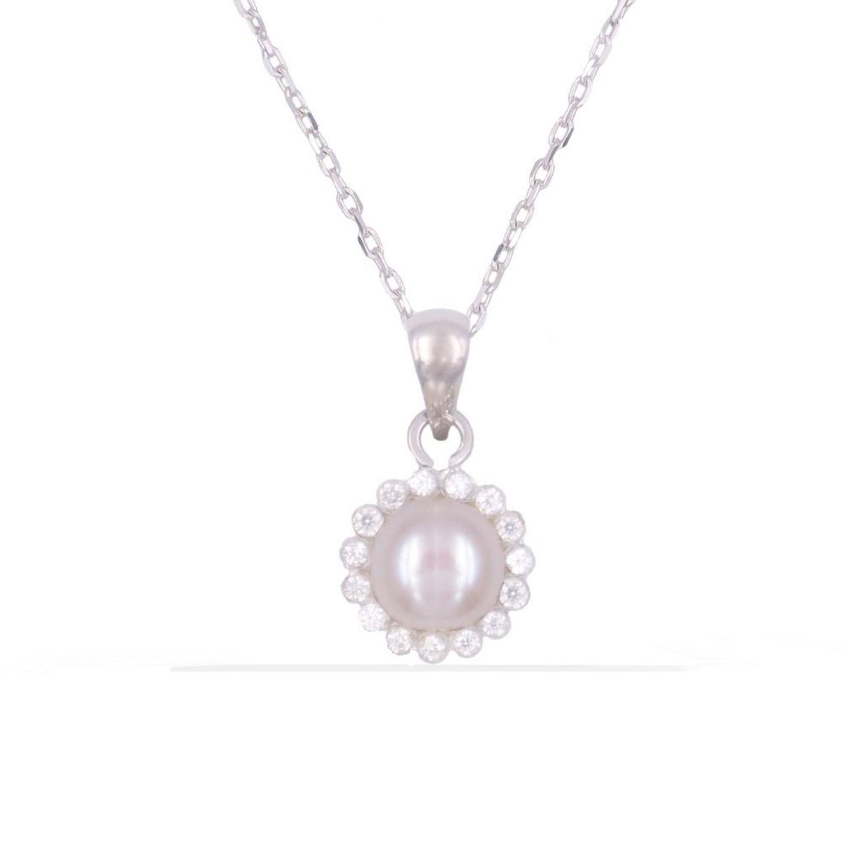 L'ATELIER D'AZUR Collier - Pendentif Or Blanc - Perle et Zirconiums - Chaine Argentée