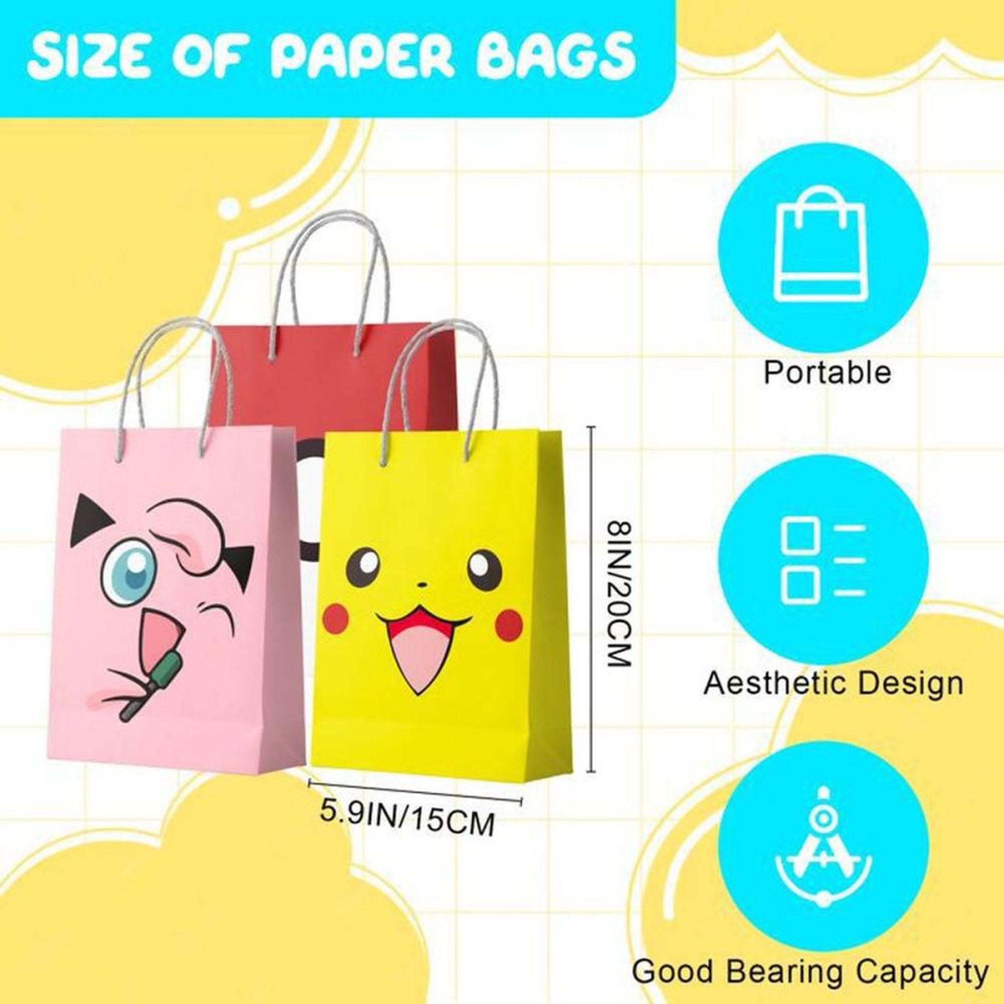 Voir la diapositive 3 : Sacs cadeaux en papier Pikachu (Pokémon) – lot de 24 multicolores avec anses