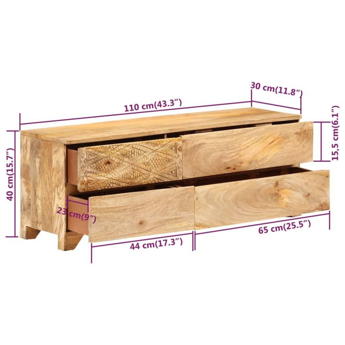 VIDAXL Meuble TV Bois de manguier solide 110x30x40 cm