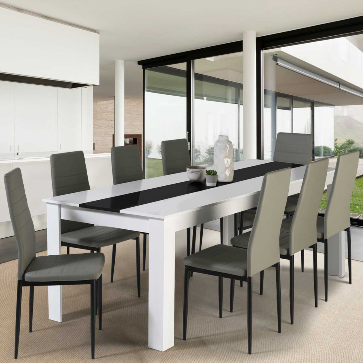 ID MARKET Table à manger rectangle GEORGIA 8 personnes blanche et noire 160 x 90 cm