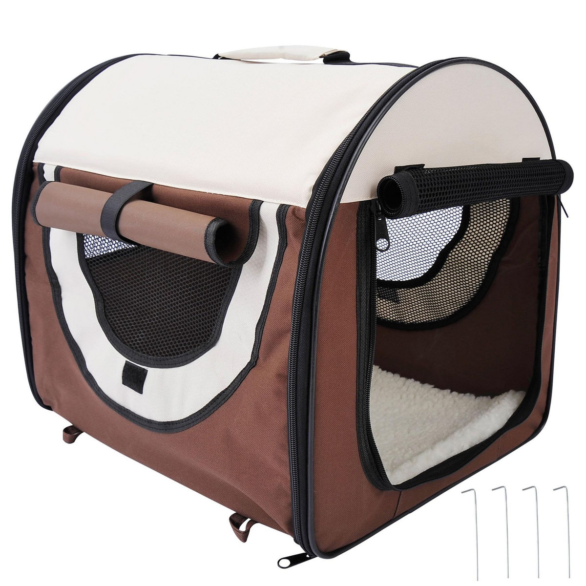 PAWHUT Sac de transport pour chien et chat pliable - poignée, entrée zippée, fenêtres maillées enroulables- coussin inclus - acier oxford marron beige