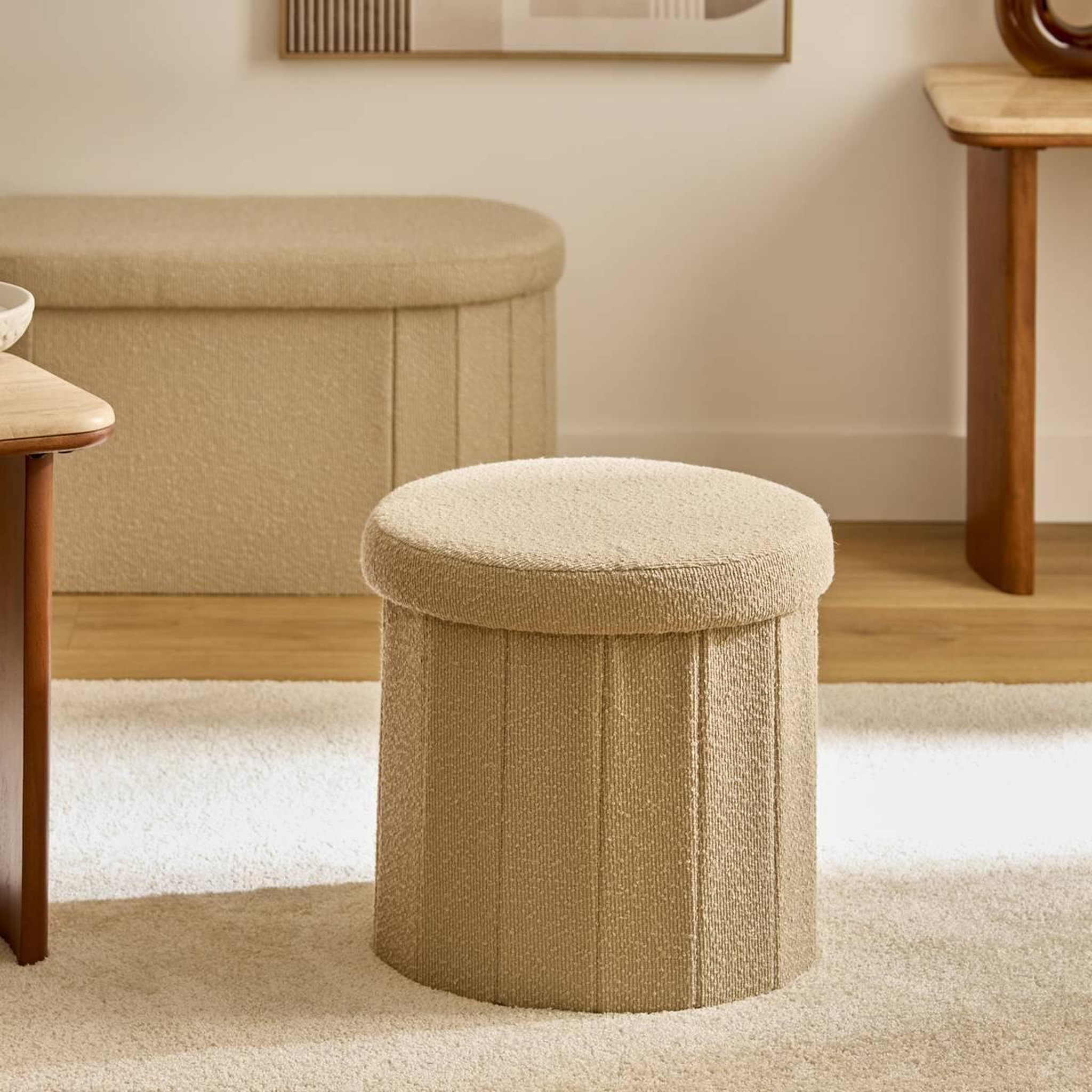 Voir la diapositive 6 : ATMOSPHERA Pouf Coffre Pliant Bouclette  Fink  38cm Beige