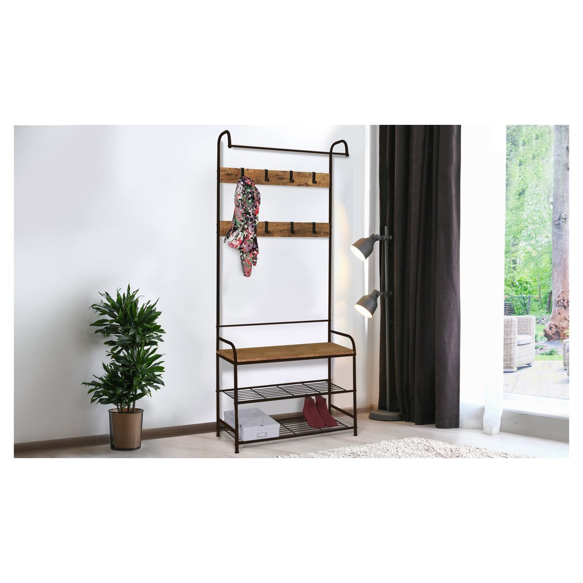 Vestiaire 8 patères + 2 étagères + 1 banquette CHARLIZE