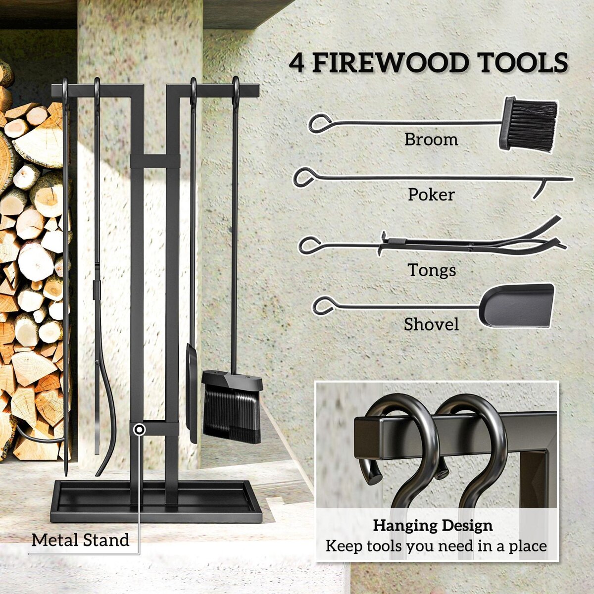 OUTSUNNY Serviteur de cheminée moderne 5 pièces - balai, pelle, pince, tisonnier, support - métal noir