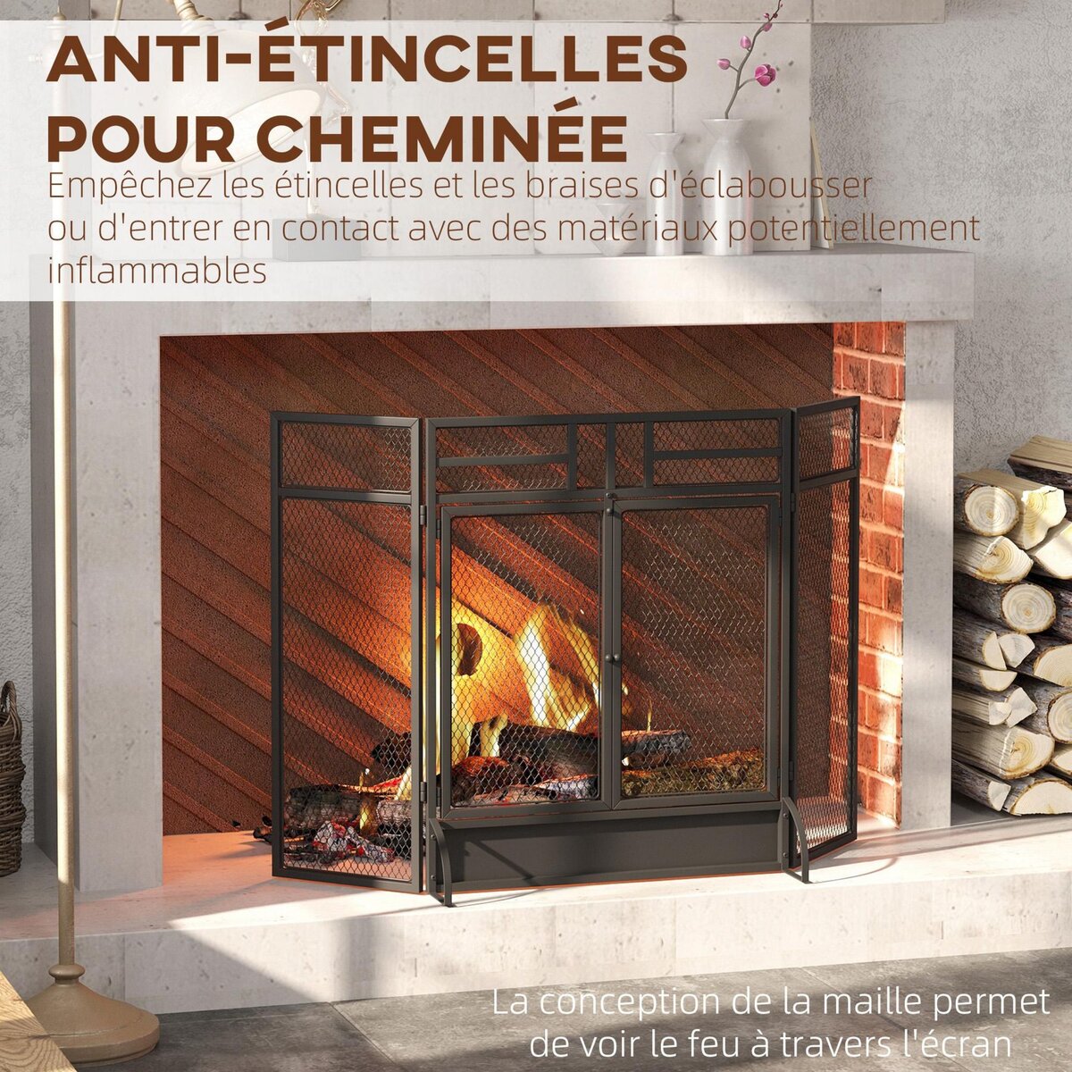 HOMCOM Pare-feu large pour cheminée ou poêle - pare-étincelles - 3 volets pliables et double porte - métal noir