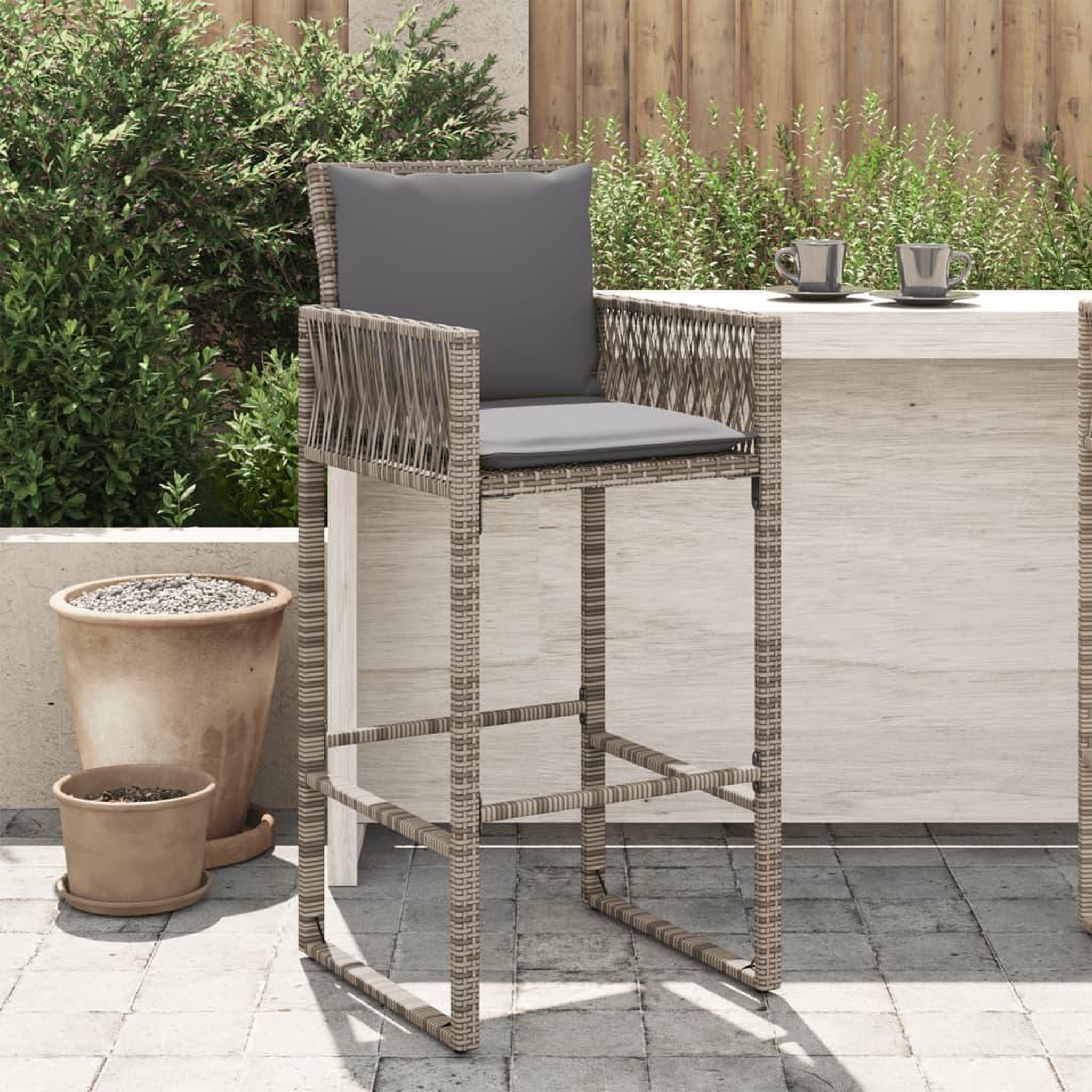 VIDAXL Tabourets de bar jardin coussins lot de 2 gris resine tressee