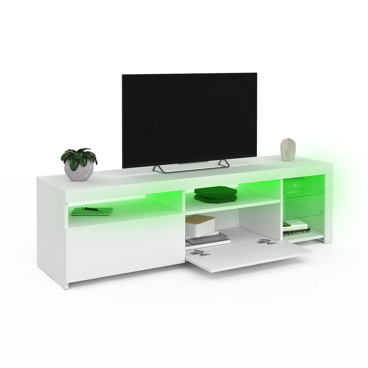 ID MARKET Meuble TV 140 cm SOLVEIG placards et étagères en verre avec LED blanc laqué