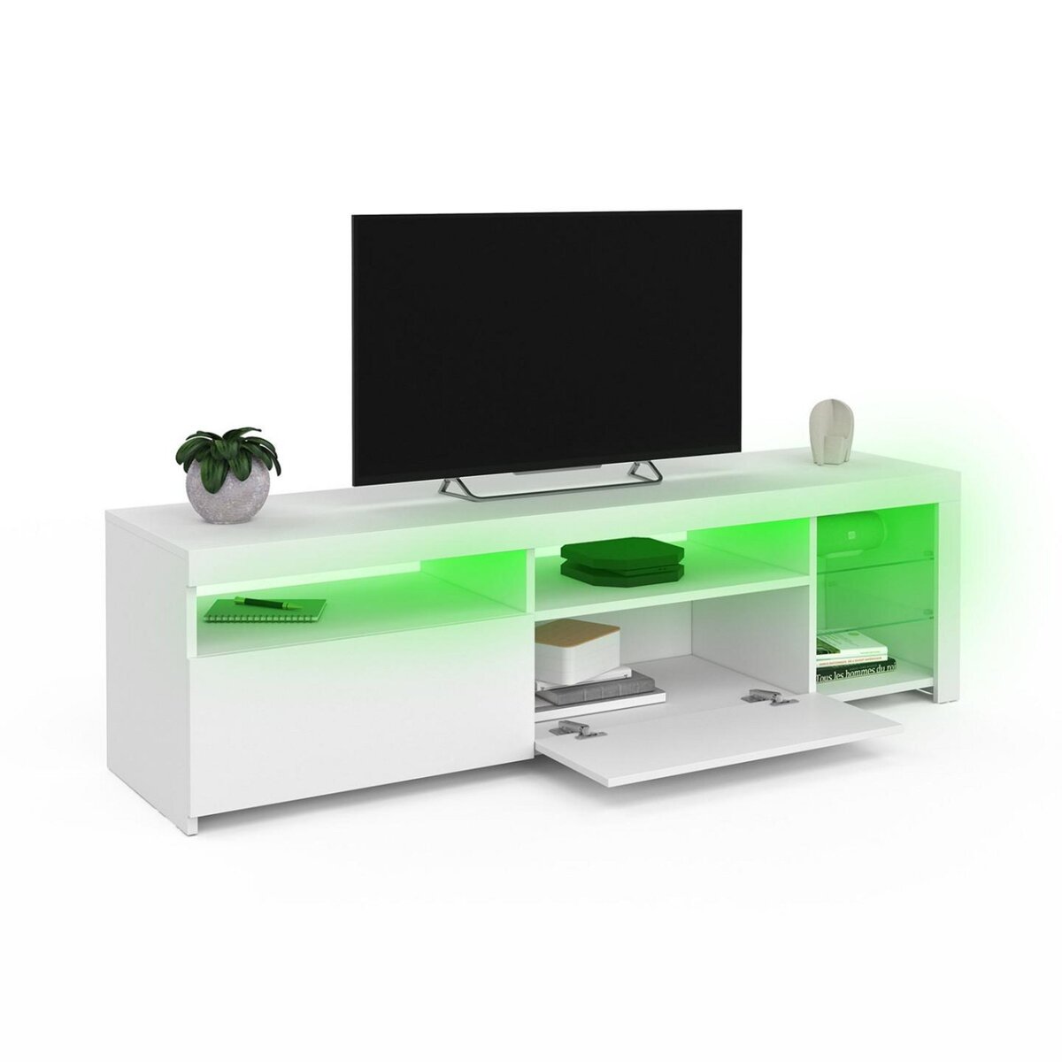 ID MARKET Meuble TV 140 cm SOLVEIG placards et étagères en verre avec LED blanc laqué