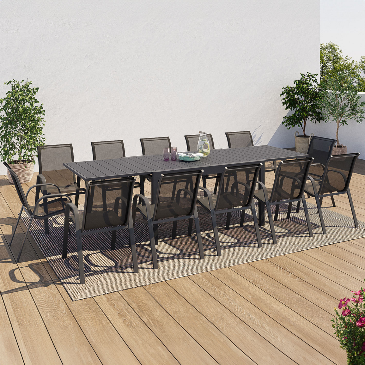 ID MARKET Salon de jardin POLY extensible table 135-270 CM et 12 chaises gris foncé