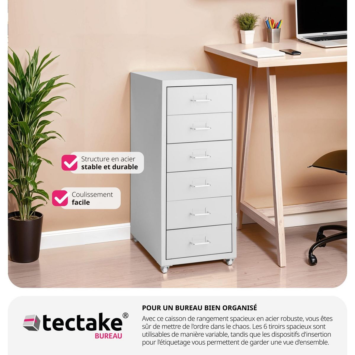 tectake Caisson de bureau à roulettes en métal en acier gris clair