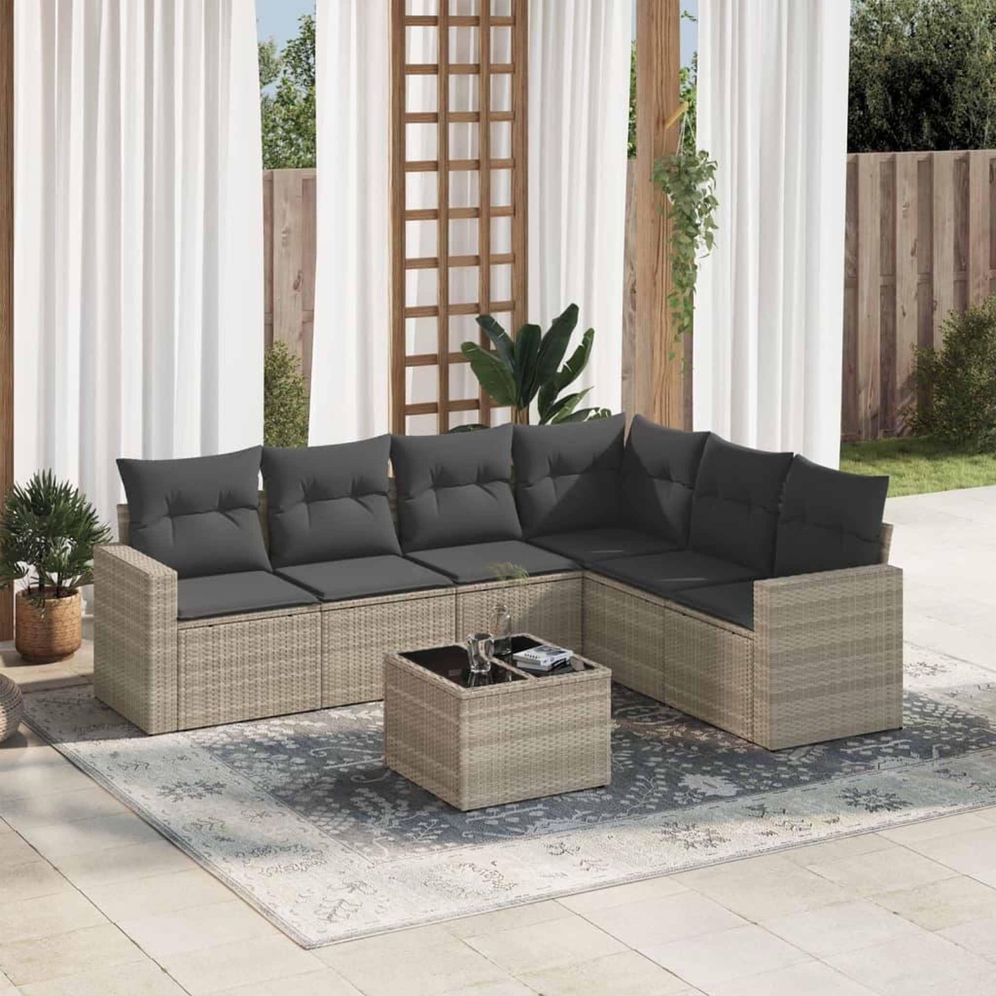VIDAXL Salon de jardin avec coussins 7 pcs gris clair resine tressee
