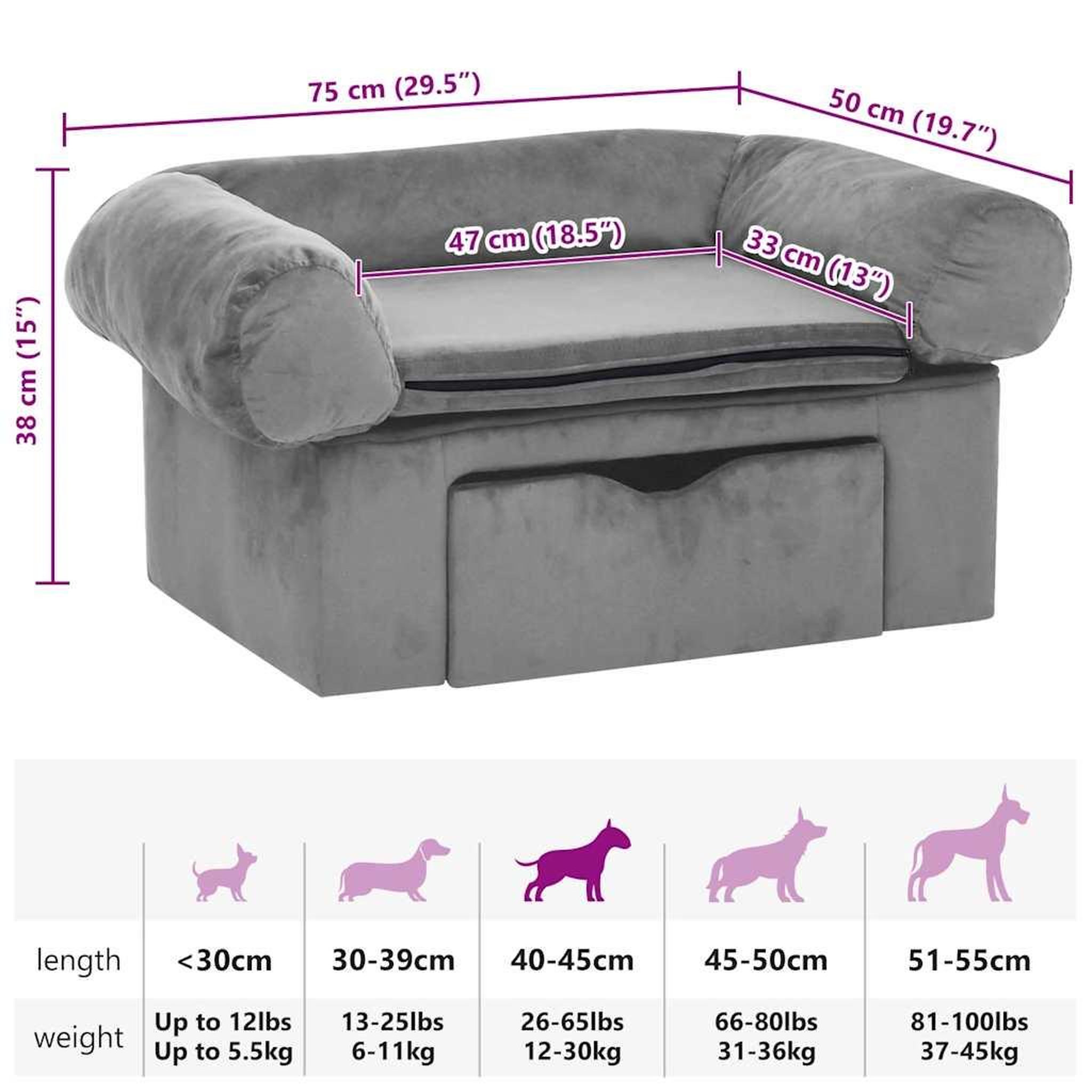Voir la diapositive 6 : VIDAXL Canape pour chien avec tiroir Gris 75x50x38 cm Peluche