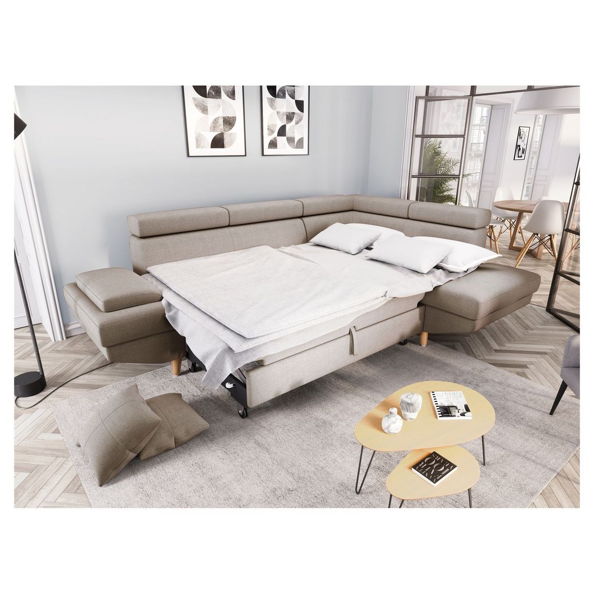 Canapé d'angle droit convertible 5 places tissu pieds bois clair MARIUS 