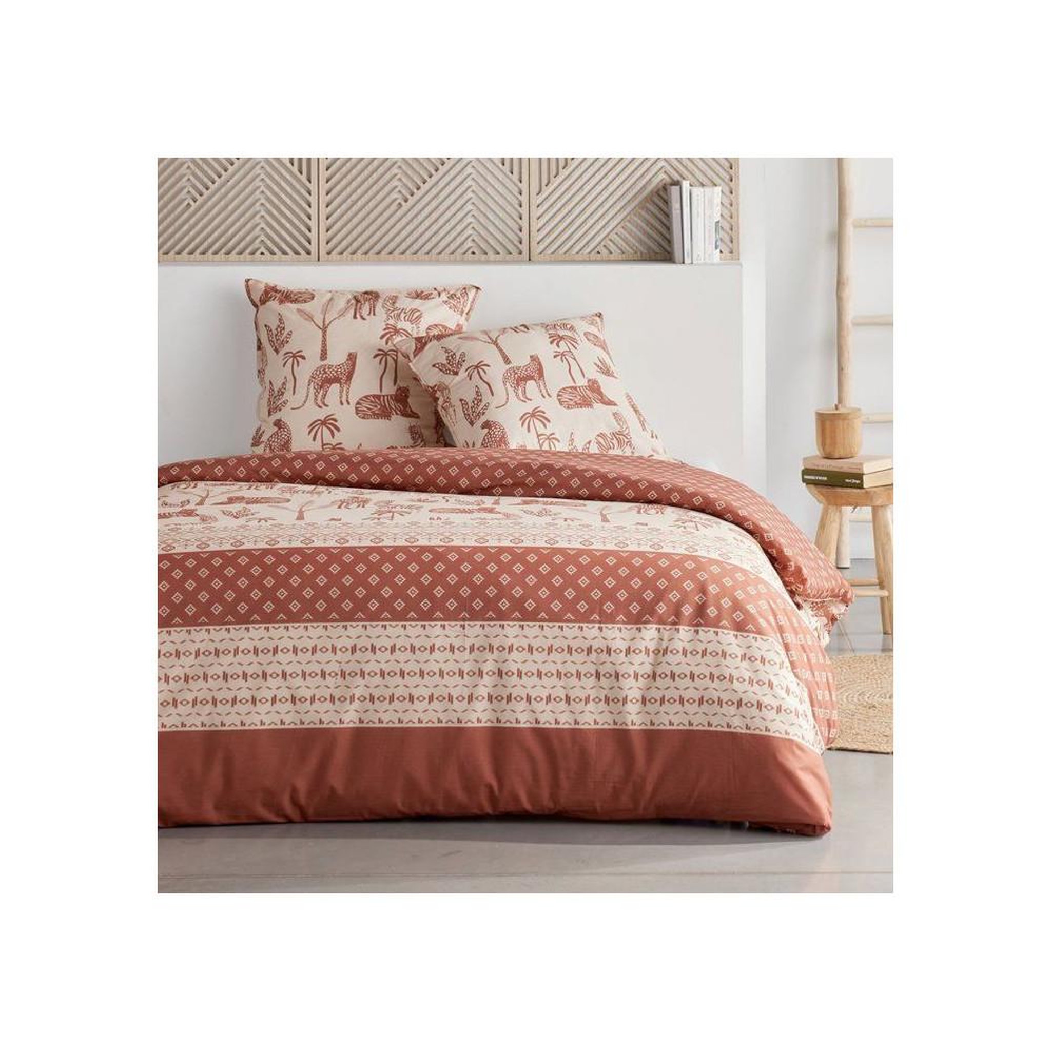 Today Today sunshine housse de couette réversible coton imprimé jungle florale rouge 260 x 240 cm + 2 taies 63 x 63 cm
