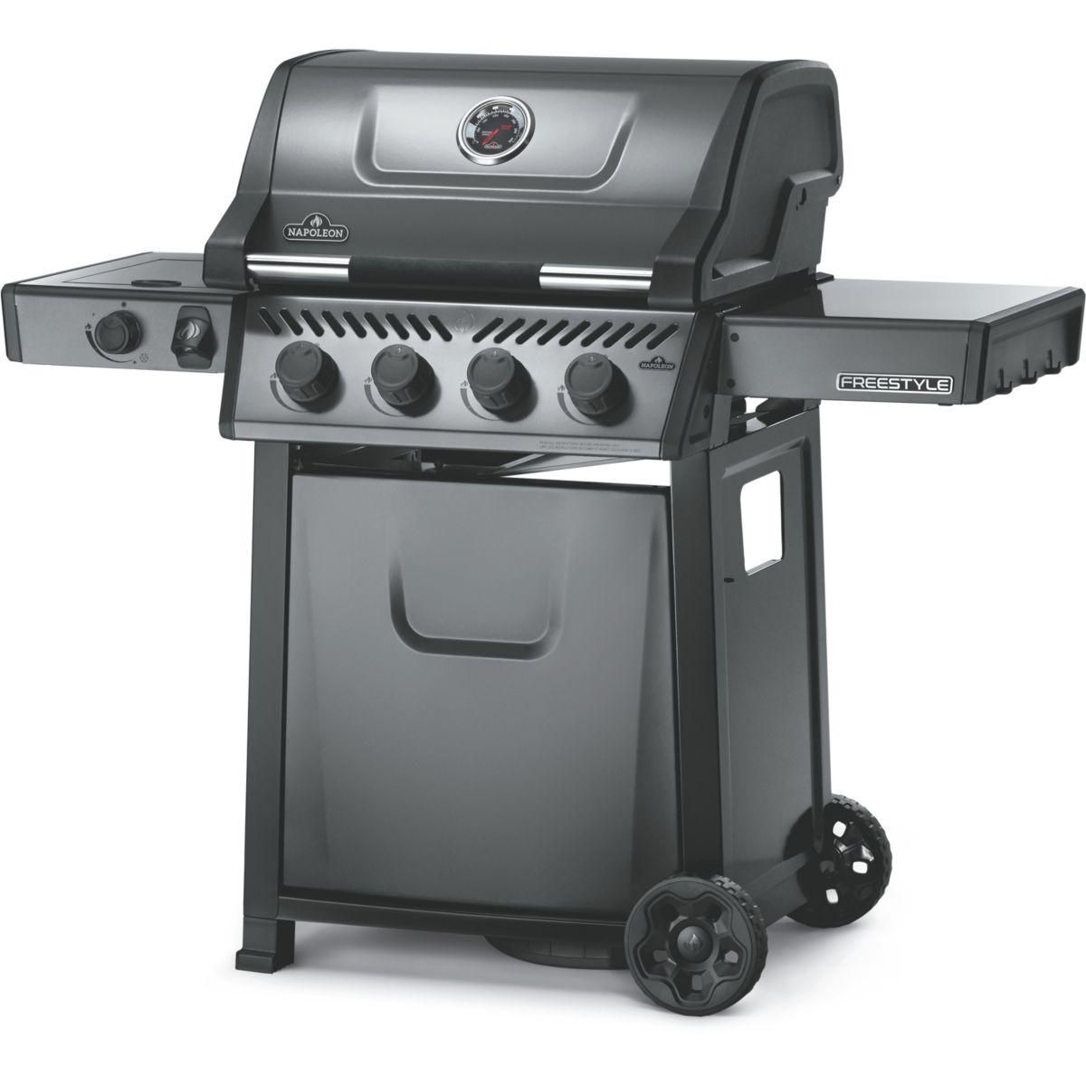 NAPOLEON Barbecue gaz Freestyle noir 4 bruleurs + 1 rechaud plat sur chariot,  60x45 cm