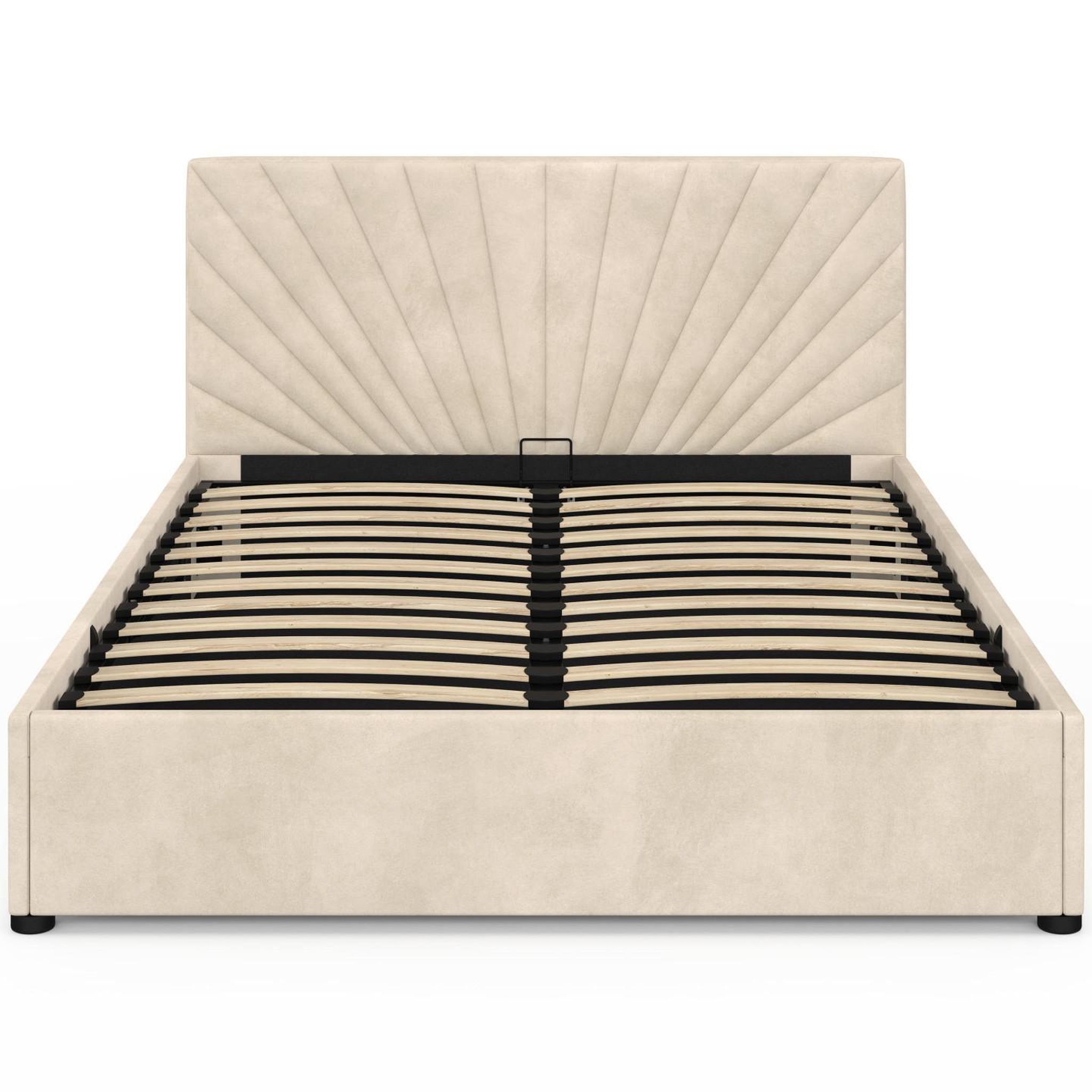 Voir la diapositive 3 : ID MARKET Lit coffre double sunlight avec tête de lit matelassée et sommier 140 x 190 cm velours beige