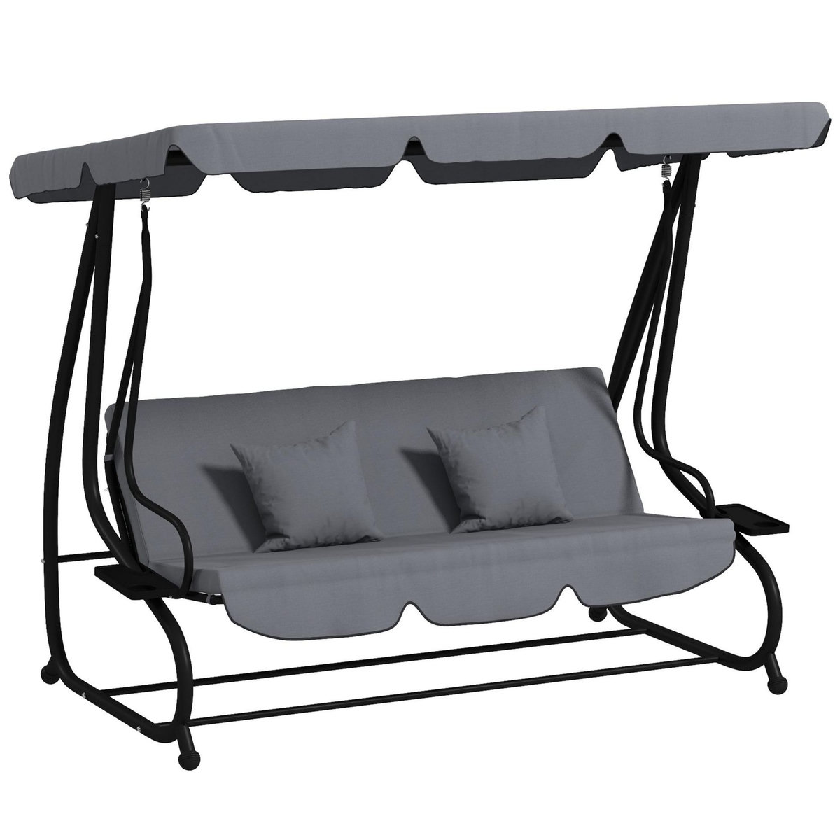 OUTSUNNY Balancelle de jardin convertible 3 places inclinaison toit réglable 2 tablettes + matelas 2L x 1,2l x 1,64H m métal époxy noir polyester gris
