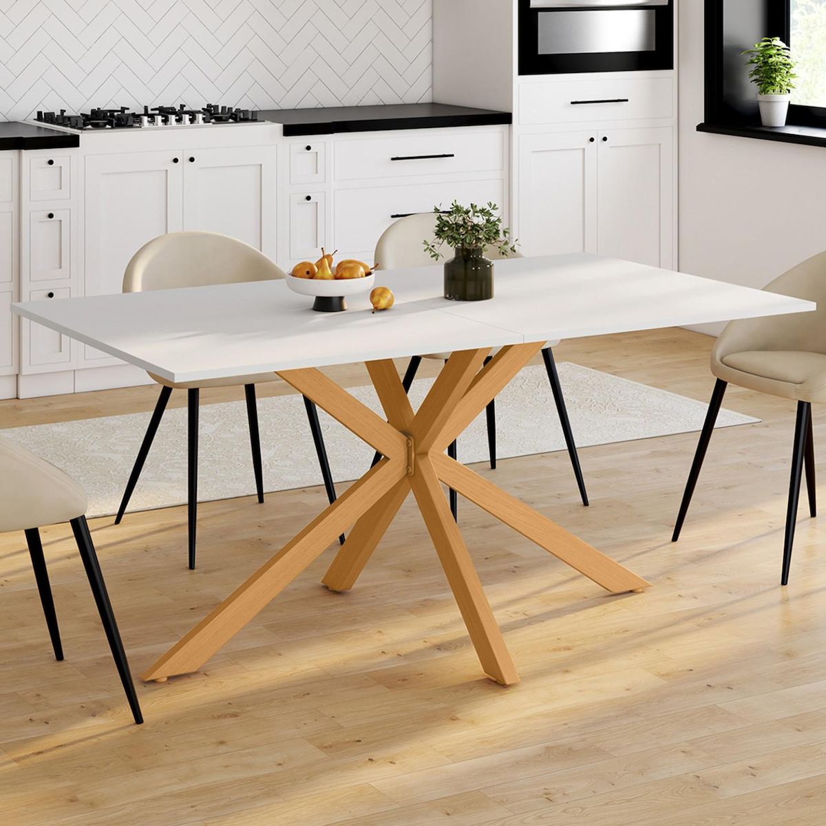 ID MARKET Table à manger rectangle ALIX 8 personnes pied araignée bois et plateau blanc GISELE 160 cm
