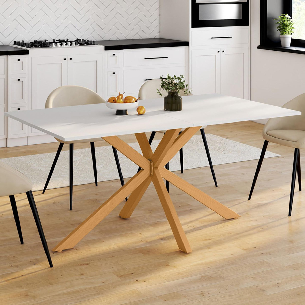 ID MARKET Table à manger rectangle ALIX 8 personnes pied araignée bois et plateau blanc GISELE 160 cm