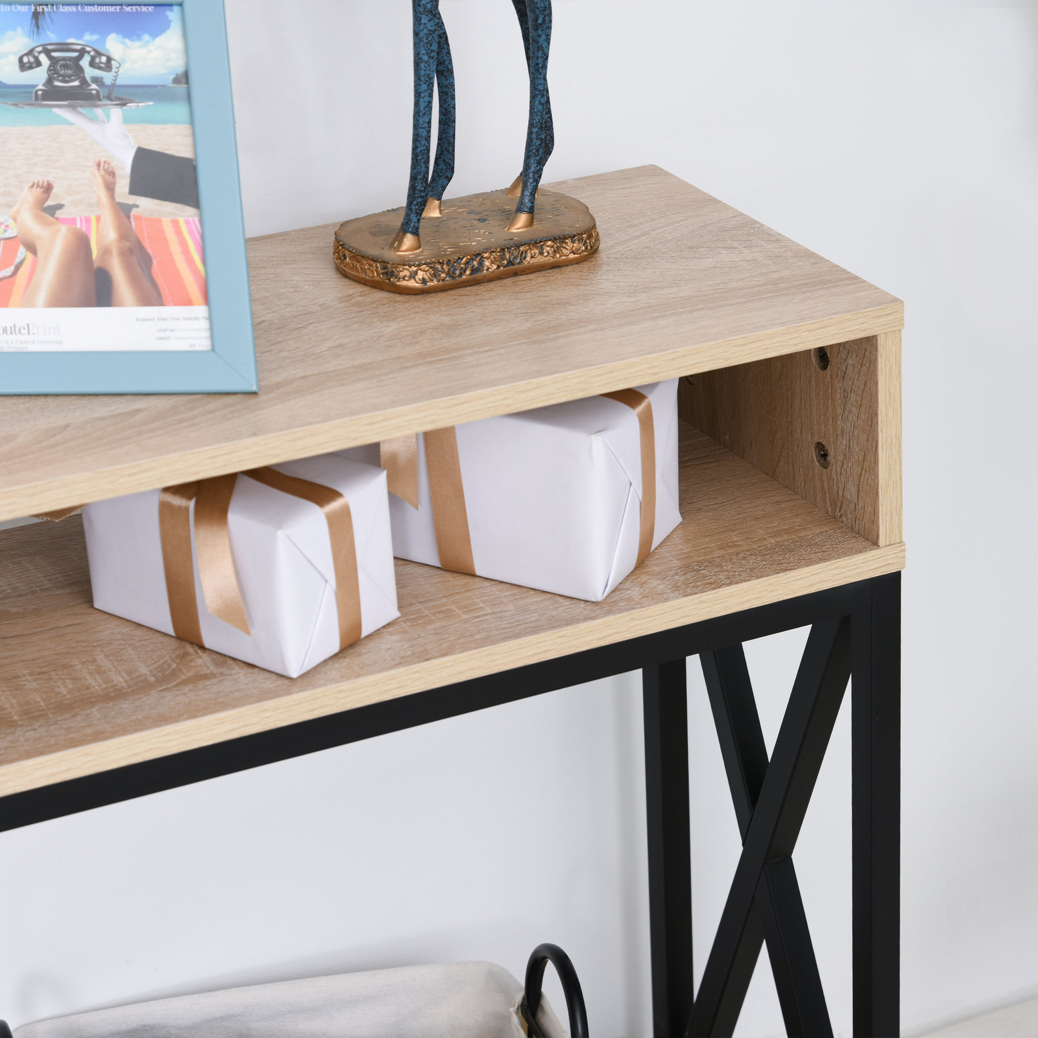 Voir la diapositive 4 : HOMCOM Table Console Table d'Entrée Industriel Multi-rangements 120 x 23,5 x 75 cm Bois Chêne