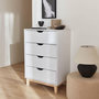 Voir la diapositive 2 : SWEEEK Commode blanche scandinave - Floki - chiffonnier avec pieds en bois de sapin. 4 tiroirs. 60x40x90cm