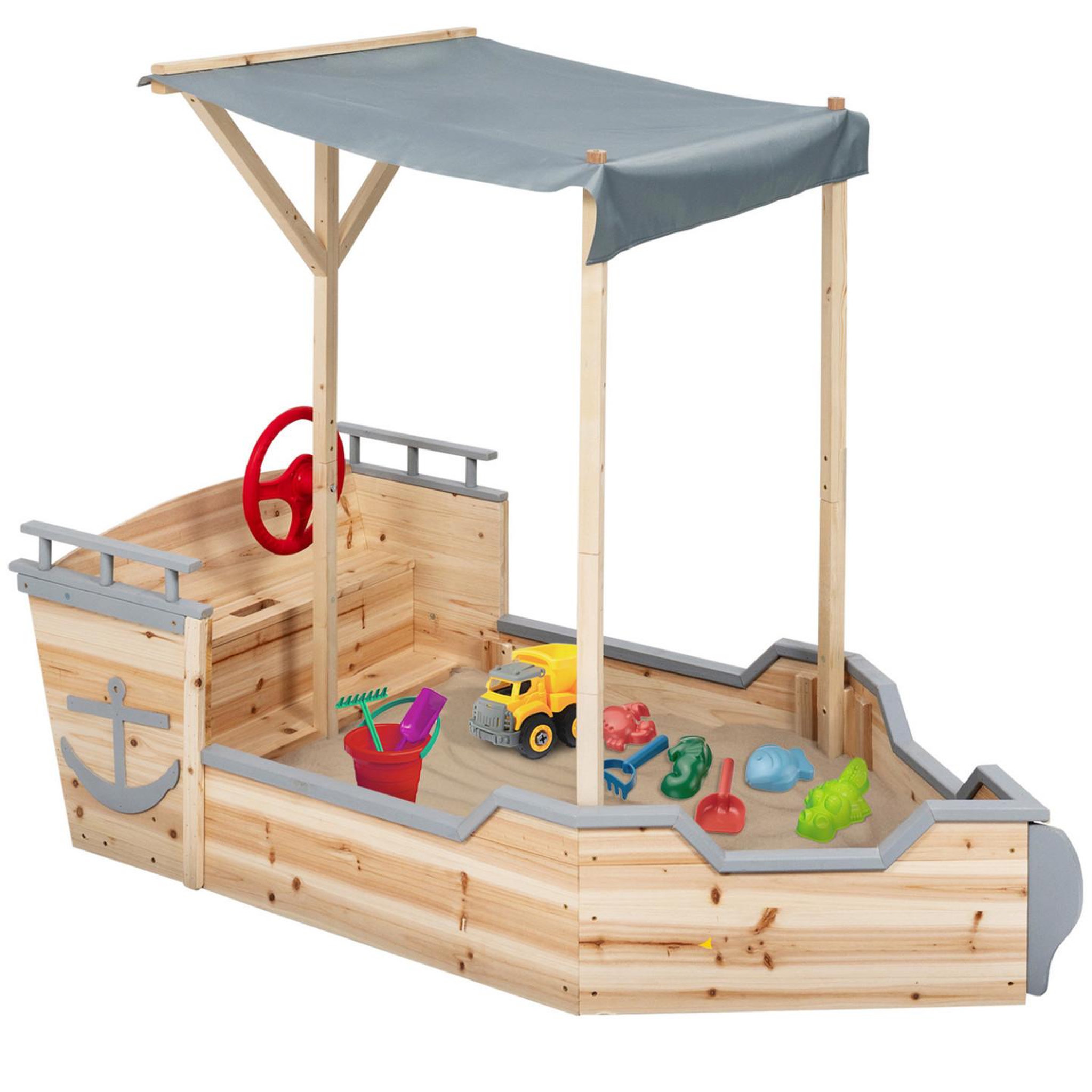 ID MARKET Bac à sable WORLD bois bateau de pirate avec banc coffre et toit gris