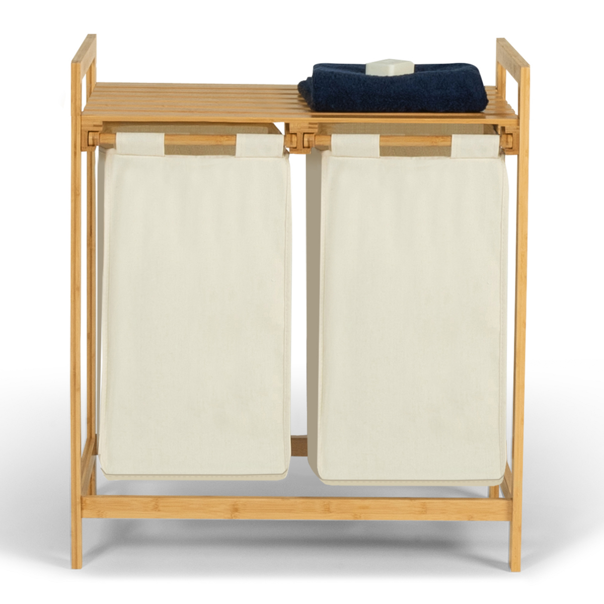 ID MARKET Panier à linge 2 bacs bambou BEA tissu écru