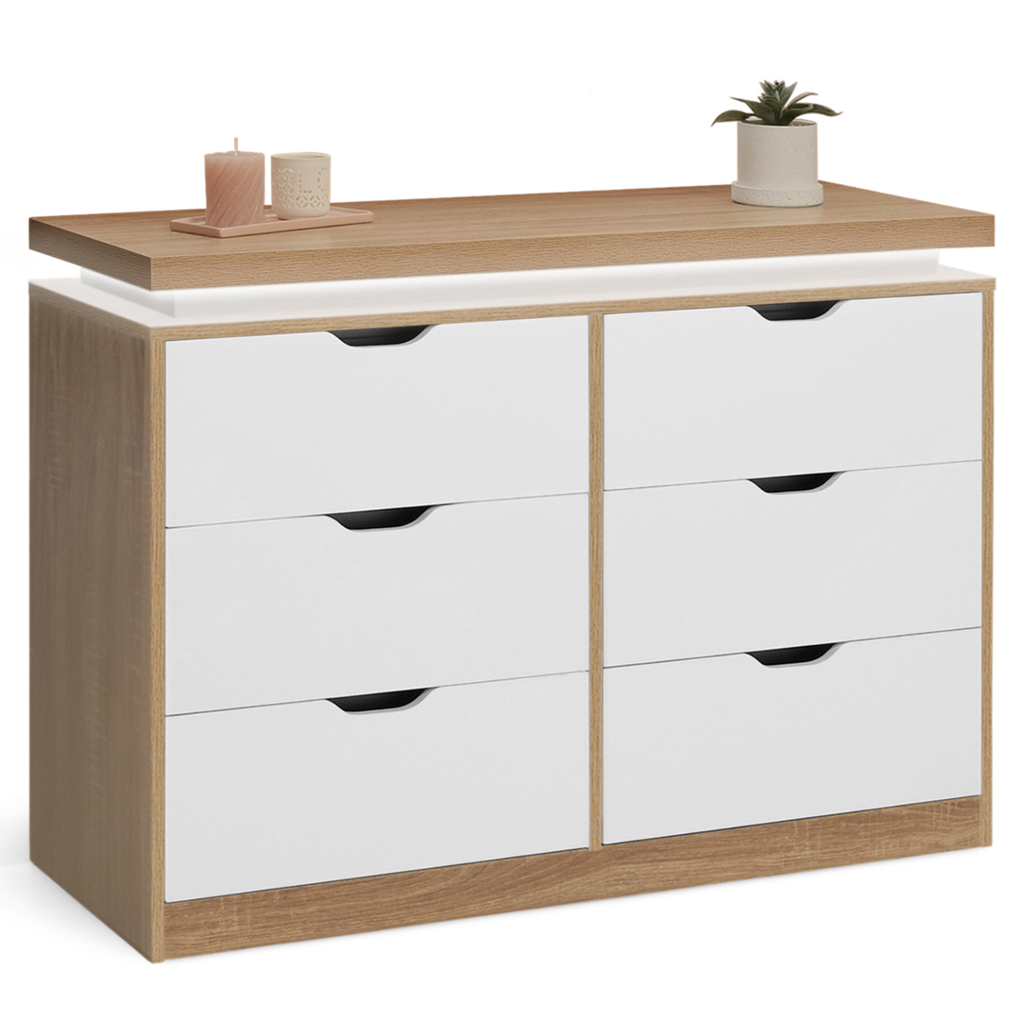 ID MARKET Commode 6 tiroirs luna à leds 115 cm blanc et effet bois