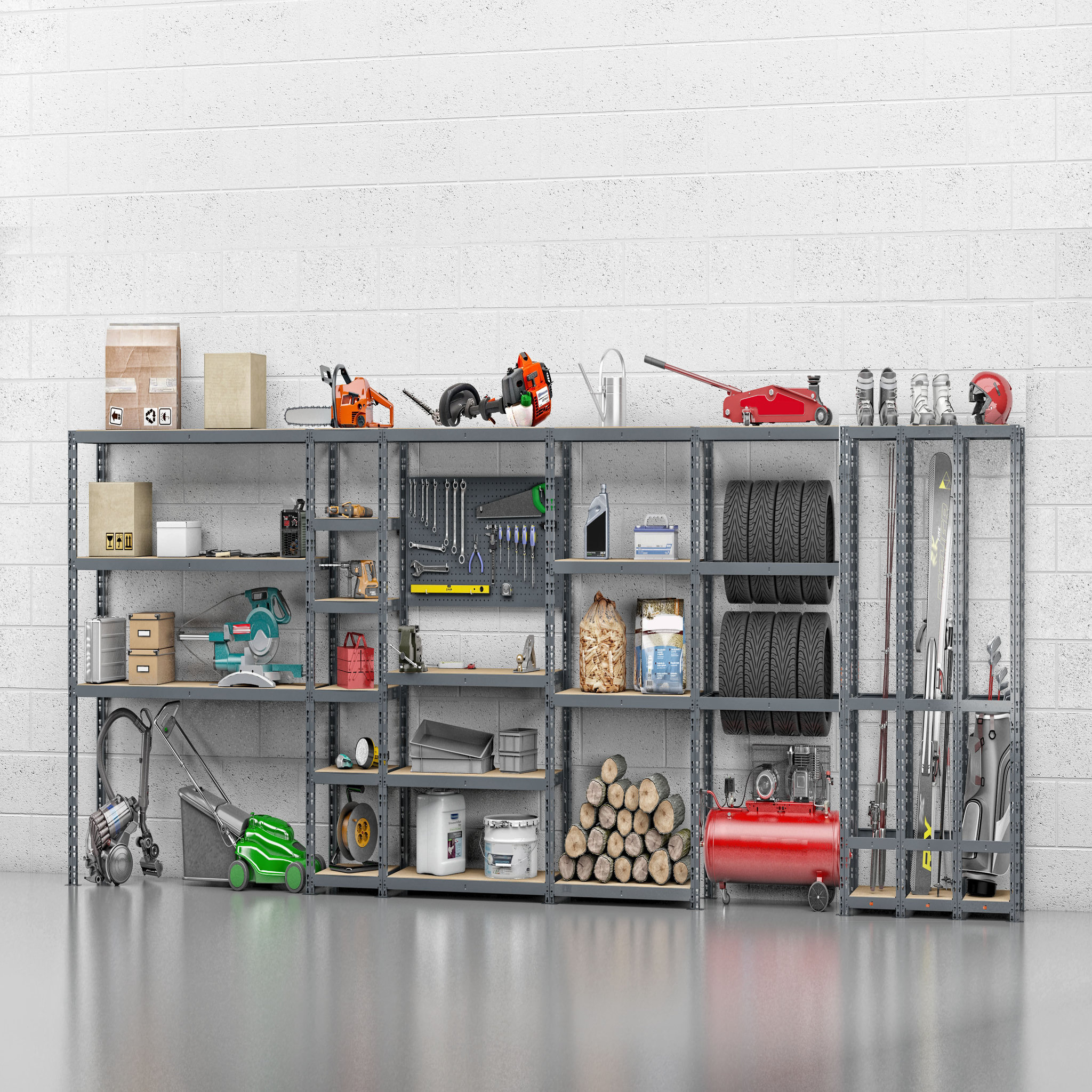 Voir la diapositive 3 : Concept rangement de garage MODULÖ STORAGE SYSTEME EXTENSION 6 étagères 24 plateaux longueur 605 cm pour garage