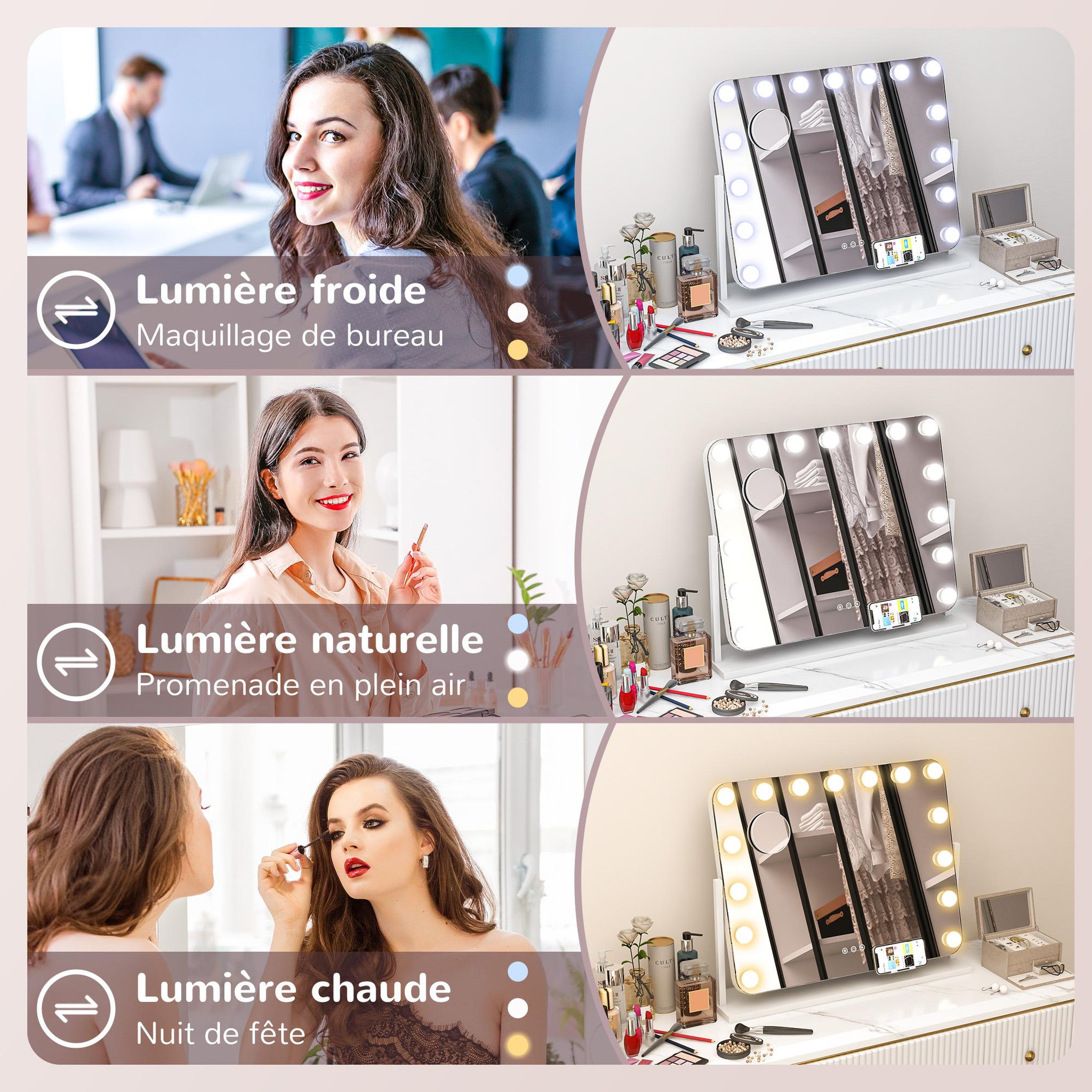 Voir la diapositive 6 : HOMCOM Miroir maquillage hollywood lumineux led intensité réglable grossissant rotatif charge usb support blanc