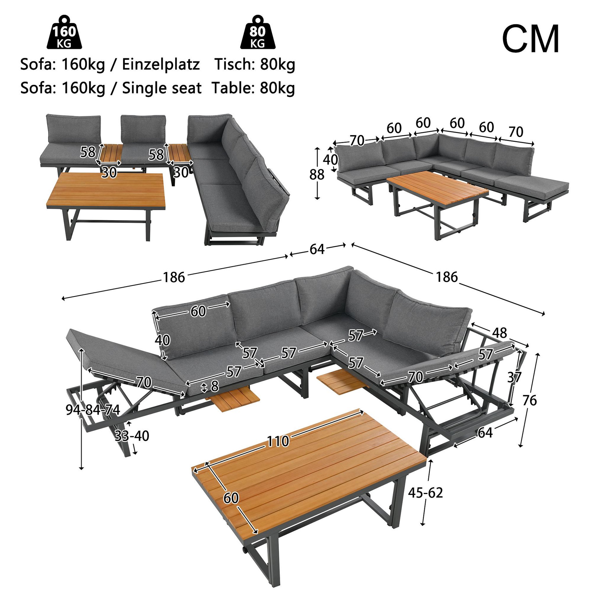 Voir la diapositive 3 : MERAX Salon de jardin 4 places en fer avec table, 2 sofas, coussins inclus, moderne, beige